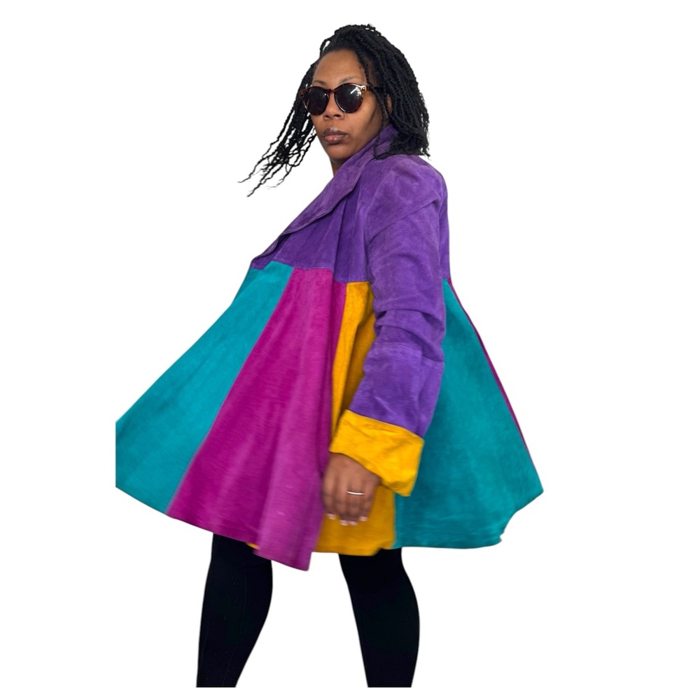 X by Ethnix Coat Vintage Suede Swing Color Block Open Front